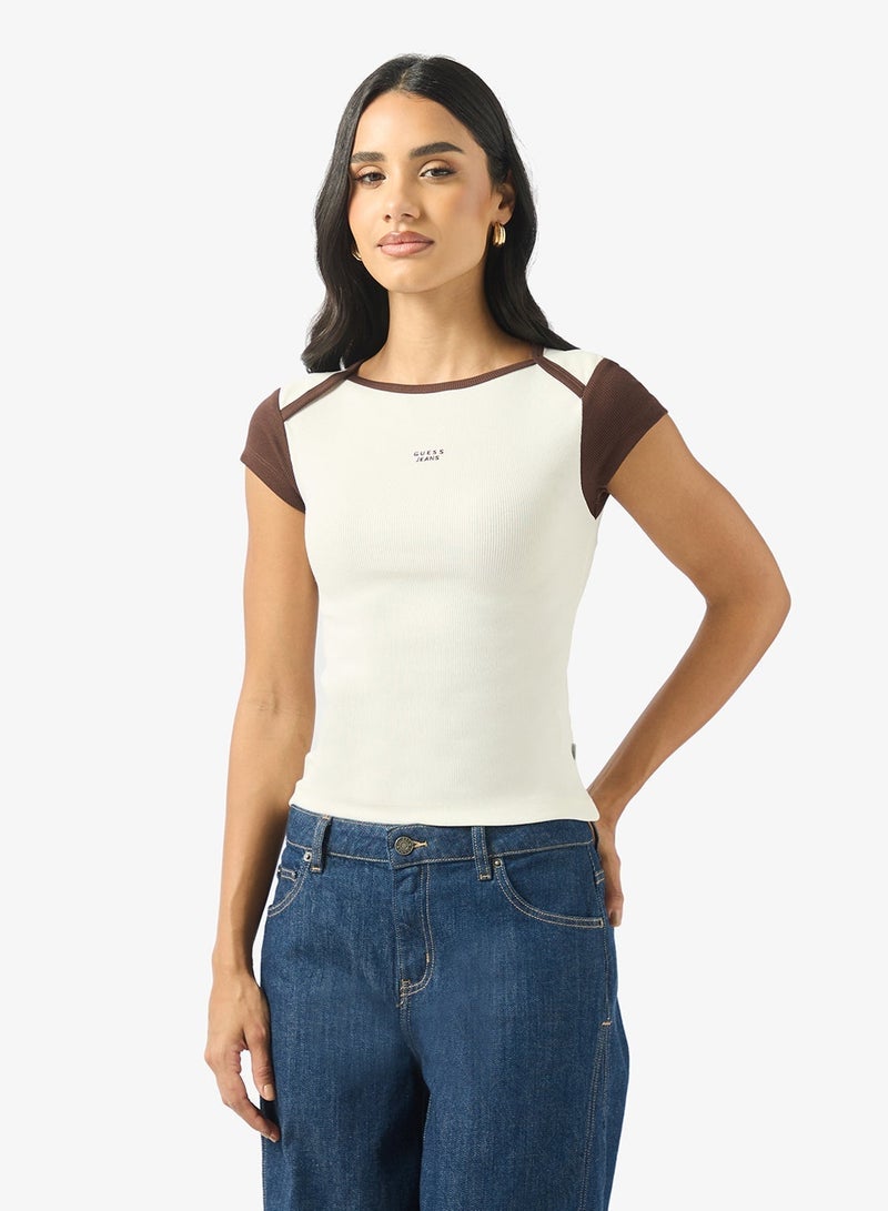 GUESS Boat Neck Slim Ribbed Top - Image 1